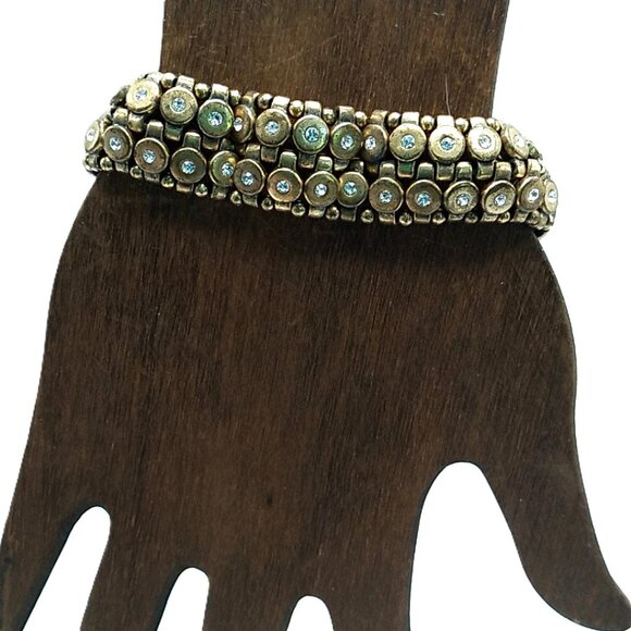 J. Crew Brushed Brass-tone Rhinestone Stretch Bracelet Signed - Picture 3 of 8